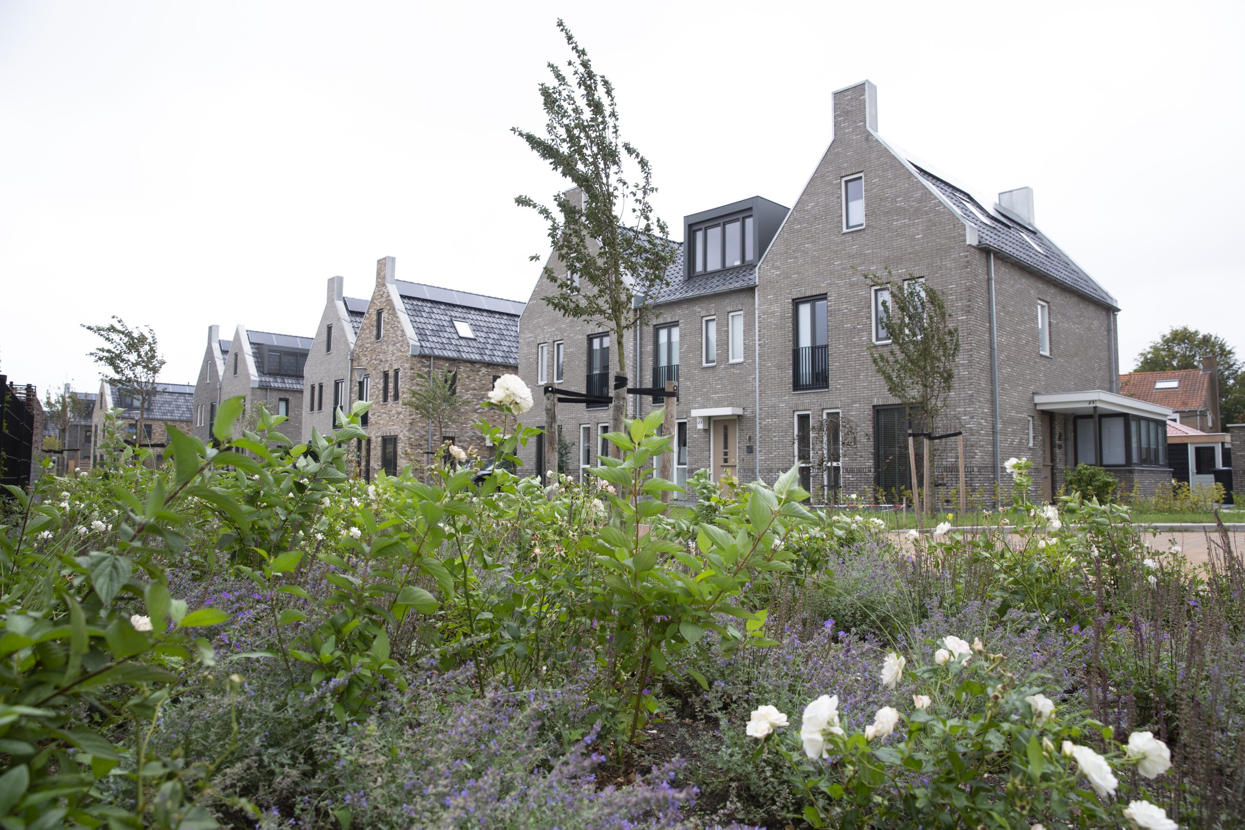 Dit is een afbeelding van het Melco-project in Heiloo: een nieuwe woonwijk gerealiseerd op het terrein van de voormalige melkfabriek (Melkunie/Vampina), met herkenbare elementen zoals de monumentale schoorsteen en architectuur die refereert aan het industriële verleden.