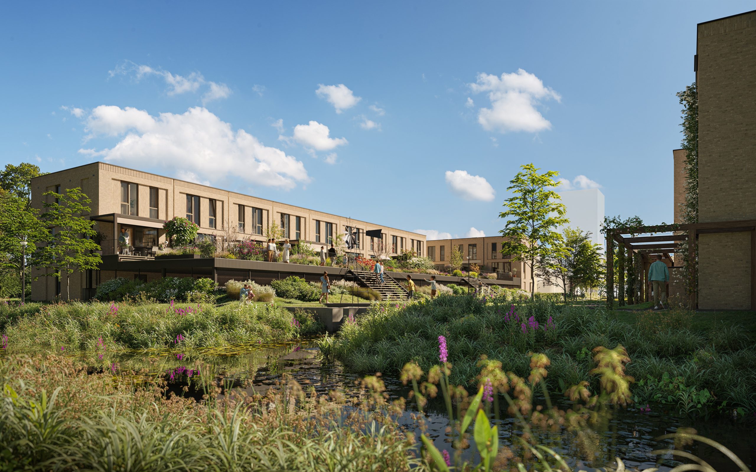 Groene woonwijk Pendorp in Alkmaar met waterpartijen en een ontwerp geïnspireerd op Mien Ruys en Abe Bonnema